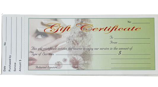Professional nail salon gift vouchers available in Green Blue and White designs for beauty businesses – CM Nails Supply Mississauga