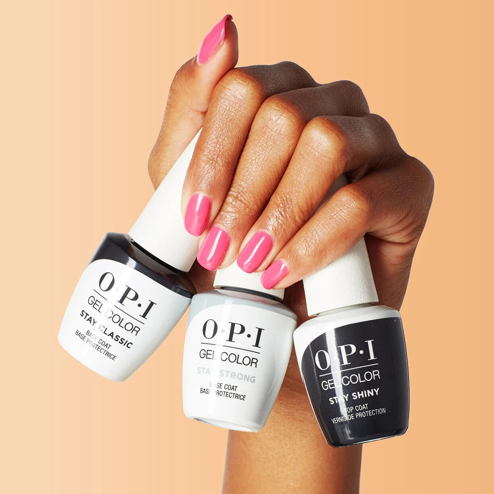 Three step gel system showing OPI Base Coat GC001 as foundation layer diagram.