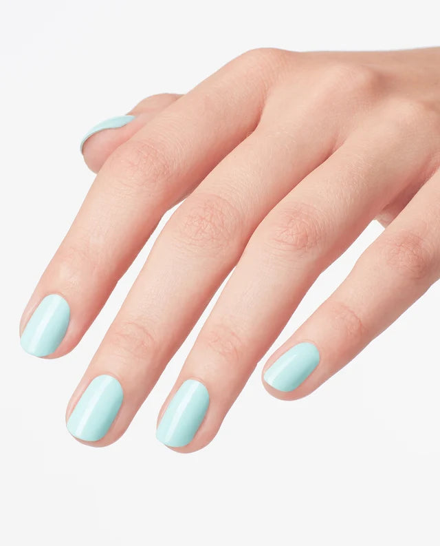 Close up of fingernails painted with OPI GelColor pastel blue gel polish showing a smooth glossy finish