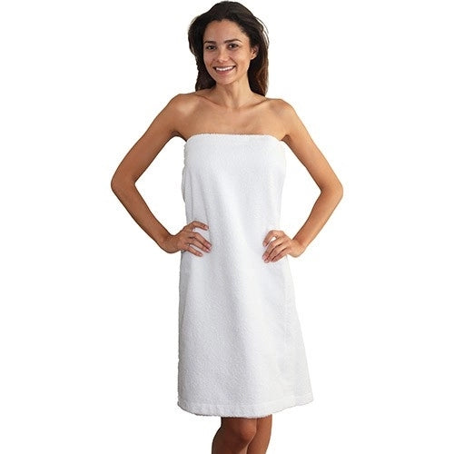 Silk B white terry gown shower wrap with velcro closure for professional salon use, buy online in Canada | CM Nails Supply