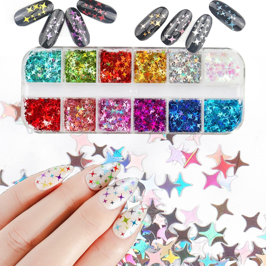 Holographic Star Nail Glitter Set | 12-Grid Sparkle Sequins for Nail Art, Makeup & DIY Crafts | 275SF - CM Nails & Beauty Supply