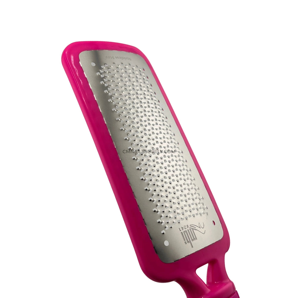 Stainless steel heel scrubber with ergonomic plastic handle for Canadian salons.