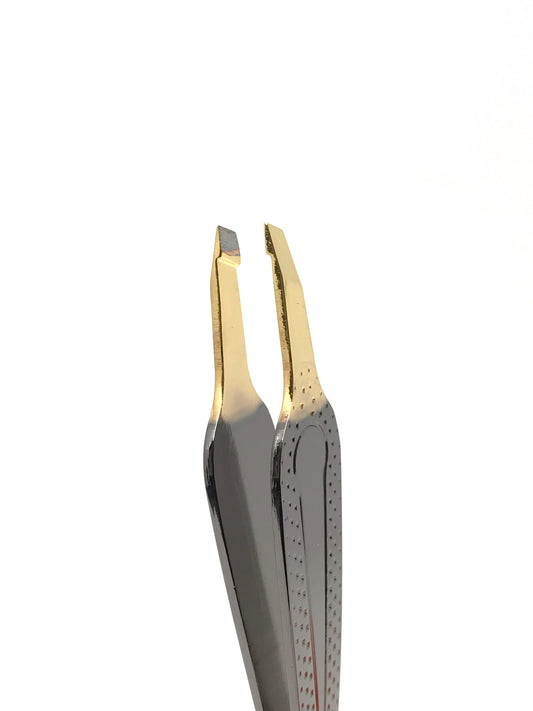 MBI-414 Eyebrow tweezer slanted Gold tip with titanium finished handle Size 3.5″ - CM Nails & Beauty Supply