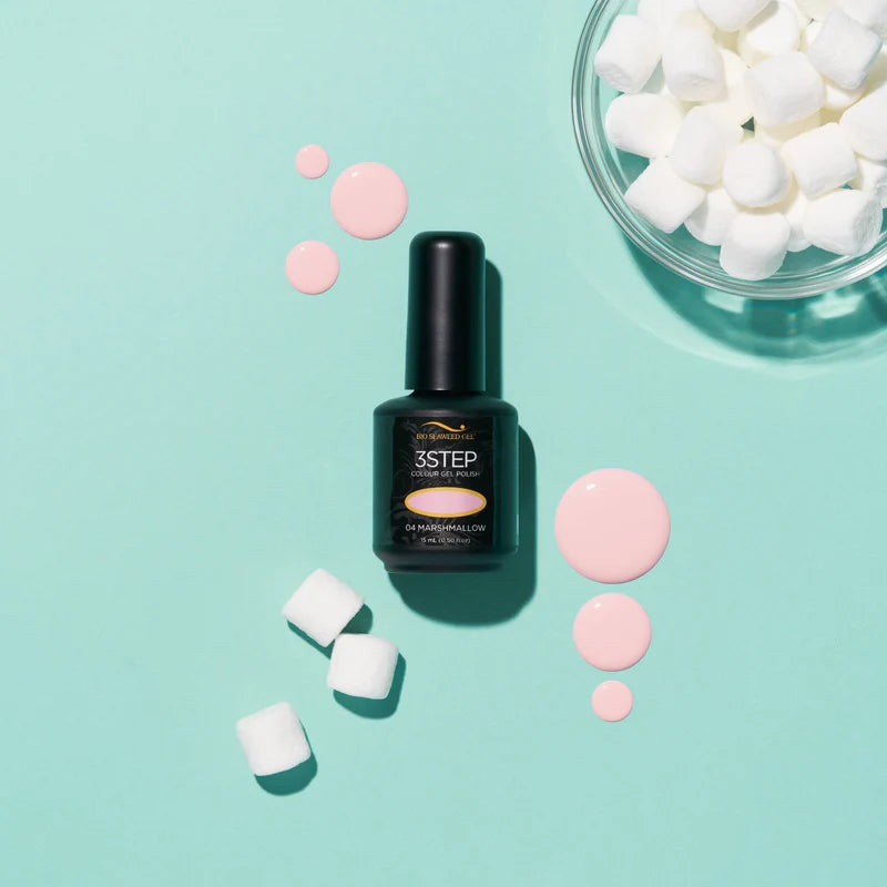 Nail polish bottle with marshmallows and pink dots on a light blue background 04 Marshmellow | Bio Seaweed Gel - CM Nails & Beauty Supply