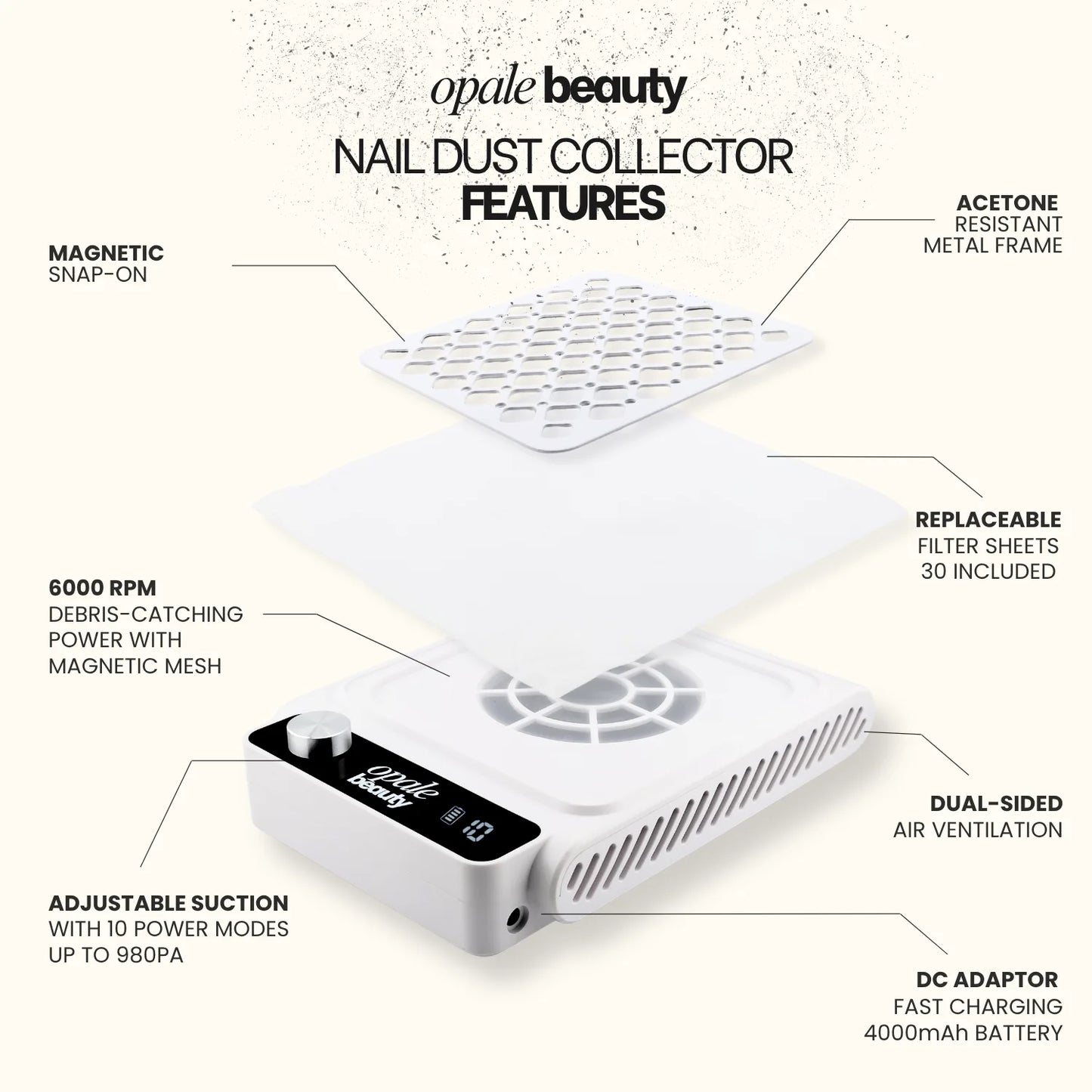 Opale Beauty Nail Dust Collector - Cordless Professional Desk Vacuum