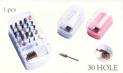 2-in-1 Nail Drill Bit Holder & Cleaner Brush Case - 30 Hole Storage Organizer with Dust-Proof Cover (White/Pink)