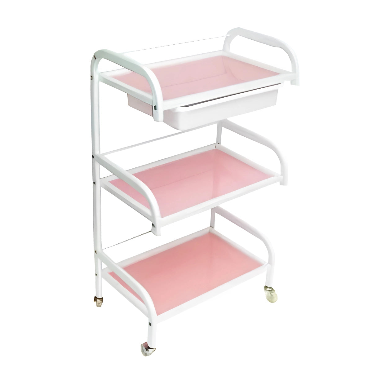 A three-tier rolling utility cart with a white metal frame and glossy pink shelves, shown on a plain white background for nail salons