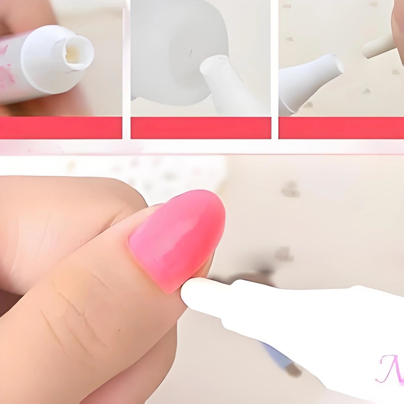 Close-up of a hand with pink nail polish being applied using a brush Nail Polish Corrector Remover Pen