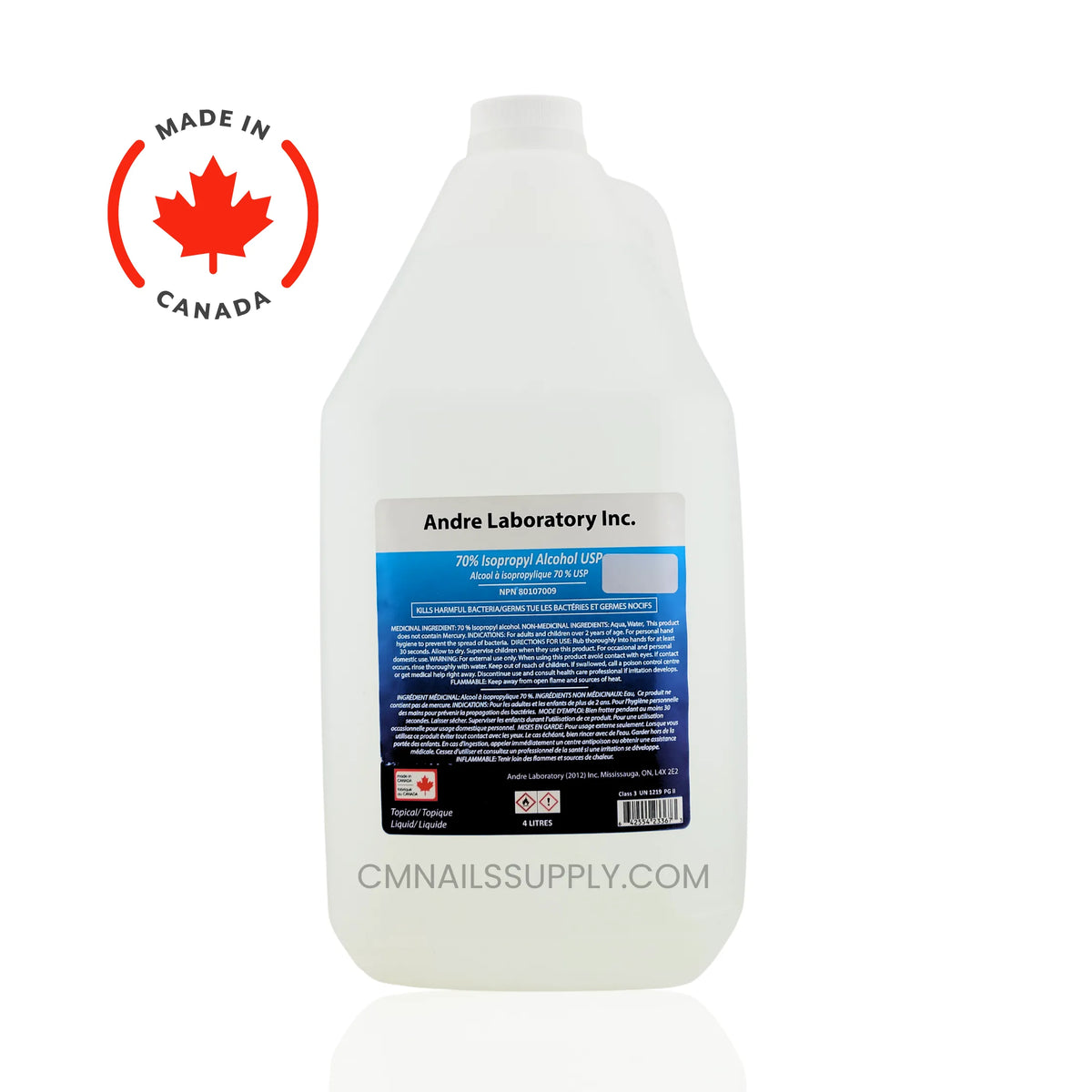 Andre Laboratory Inc. 70% Isopropyl Alcohol (IPA) 4 Litre size, on a white background with a 'Made in Canada' with NPN number