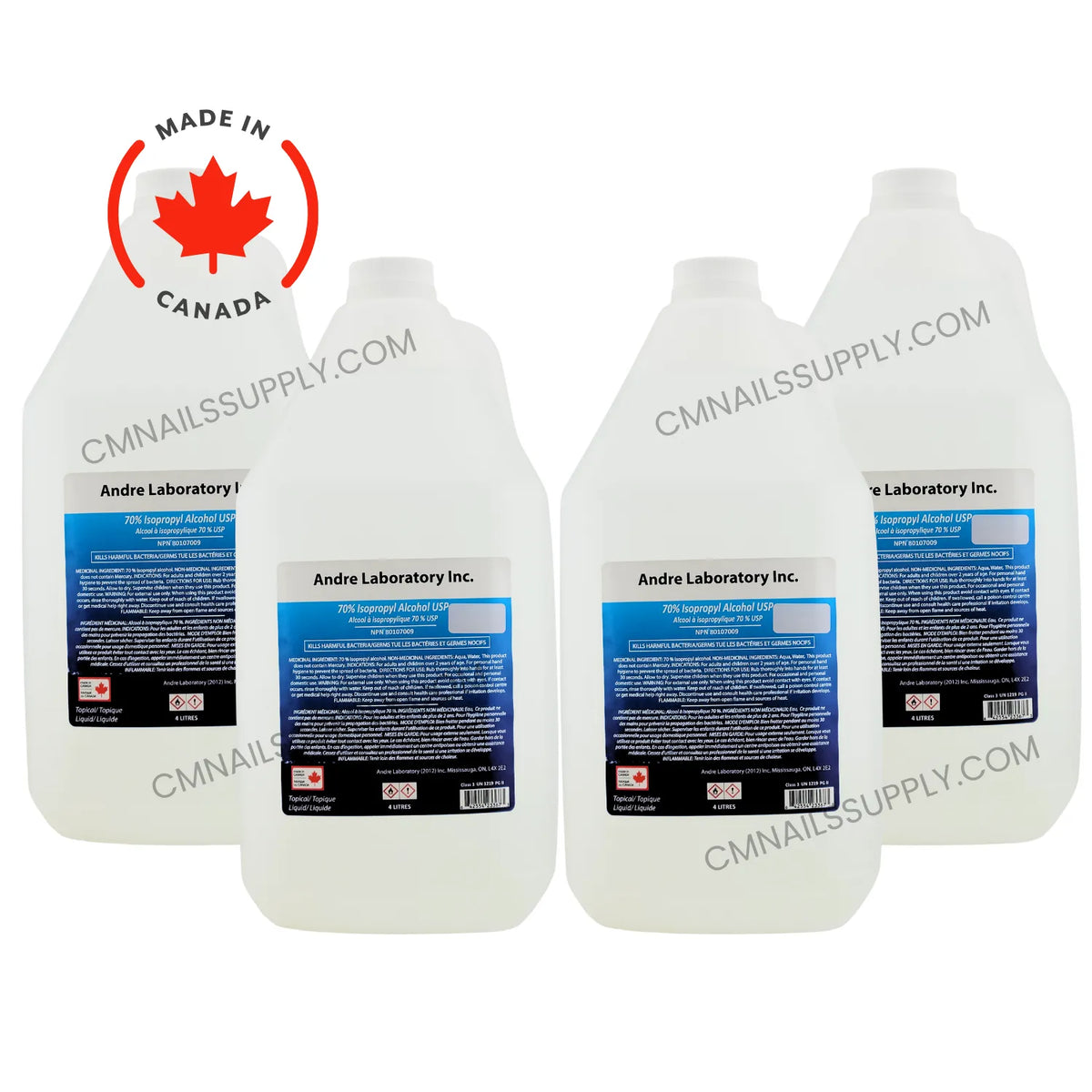 Andre Laboratory Inc. 70% Isopropyl Alcohol (IPA) 4 Litre size, case of 4, on a white background with a 'Made in Canada' with NPN number