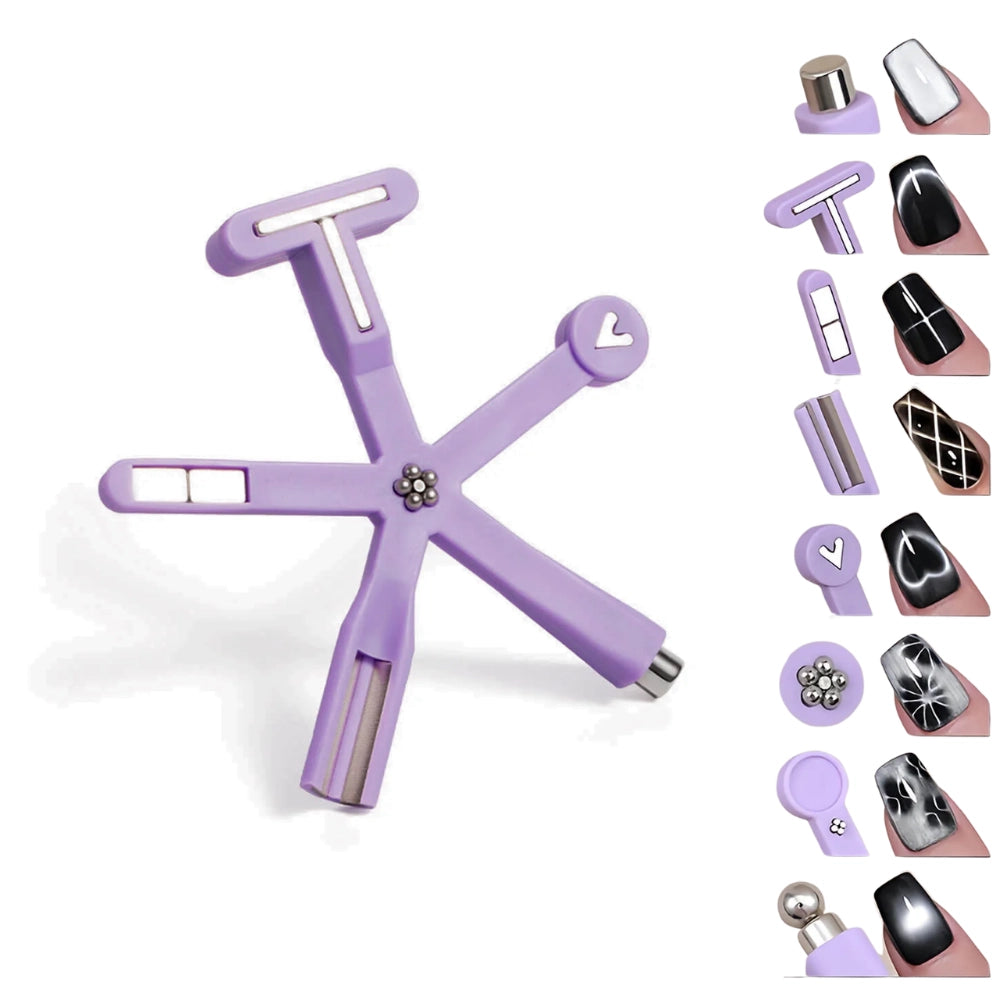 Detailed close-up view of the eight unique magnetic heads on the compact nail tool, highlighting the powerful magnets used for crisp nail art patterns.