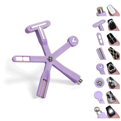 Detailed close-up view of the eight unique magnetic heads on the compact nail tool, highlighting the powerful magnets used for crisp nail art patterns.