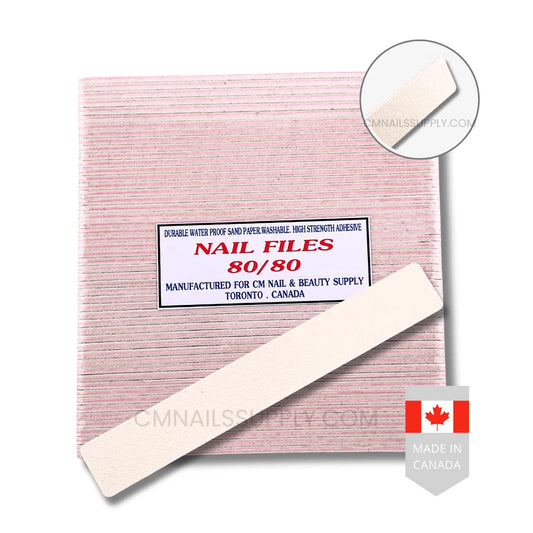 80/80 grit square nail file white and pink pack of 50 made in Canada with Japanese sandpaper for professional nail technicians