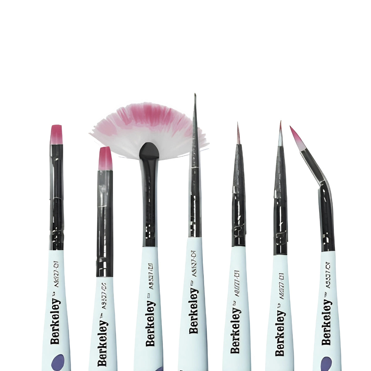 Six Berkeley brand nail art brushes with white handles, black ferrules, and pink bristles, arranged upright on a plain white background.