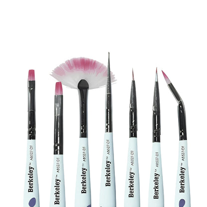 Six Berkeley brand nail art brushes with white handles, black ferrules, and pink bristles, arranged upright on a plain white background.