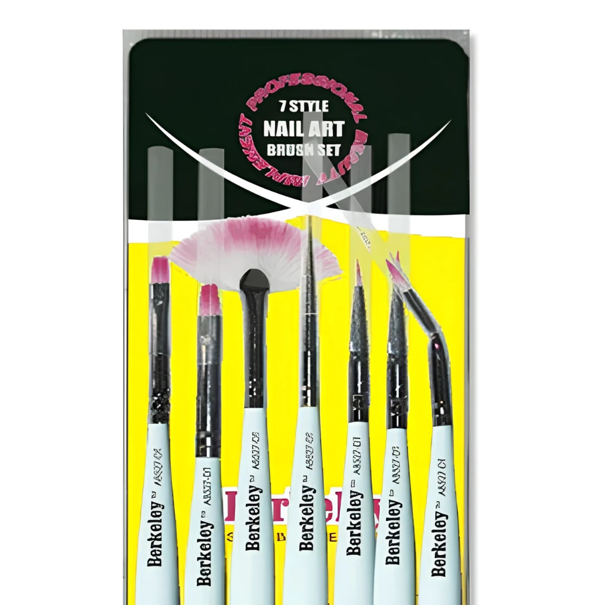 A 7-piece Berkeley nail art brush set in its retail packaging, featuring various sizes and shapes of brushes with white handles, black ferrules, and colorful bristles.