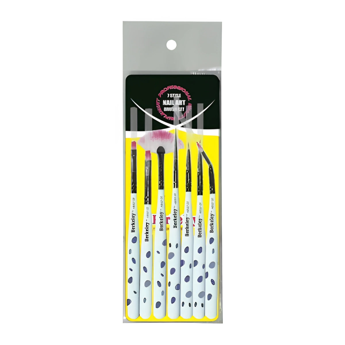 A 7-piece nail art brush set in retail packaging, featuring white handles with black spots, black ferrules, and a pink-and-white bristle brush, on a white background.