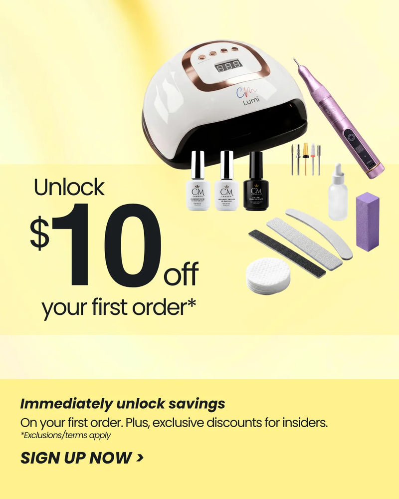 Nail care product set with a promotional offer on a yellow background
