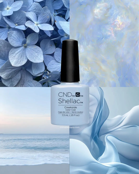 CND Creekside Shellac nail polish bottle with blue floral, ocean, and fabric background