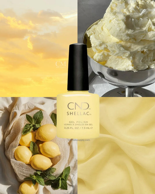 CND Jellied Shellac nail polish bottle with lemons and whipped cream in a collage.