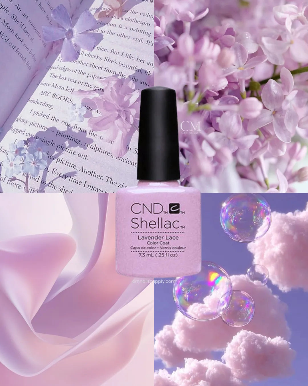 CND Lavender Lace Shellac nail polish bottle with lavender flowers and bubbles in the background