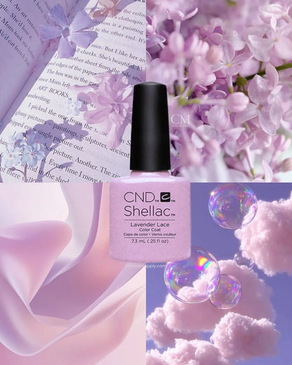CND Lavender Lace Shellac nail polish bottle with lavender flowers and bubbles in the background