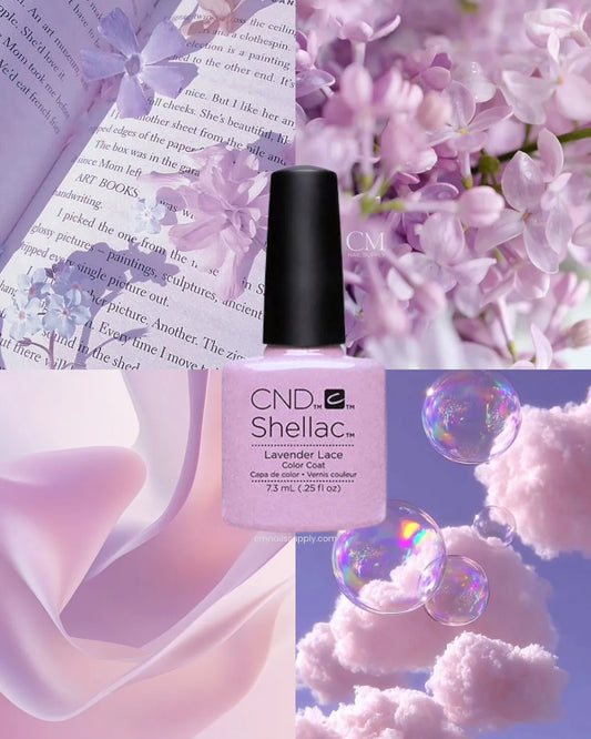 CND Lavender Lace Shellac nail polish bottle with lavender flowers and bubbles in the background