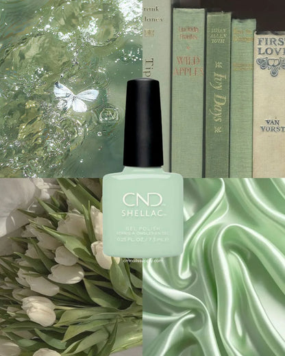 CND Magical Topiary Shellac nail polish bottle with green marble texture, tulips, and books in the background