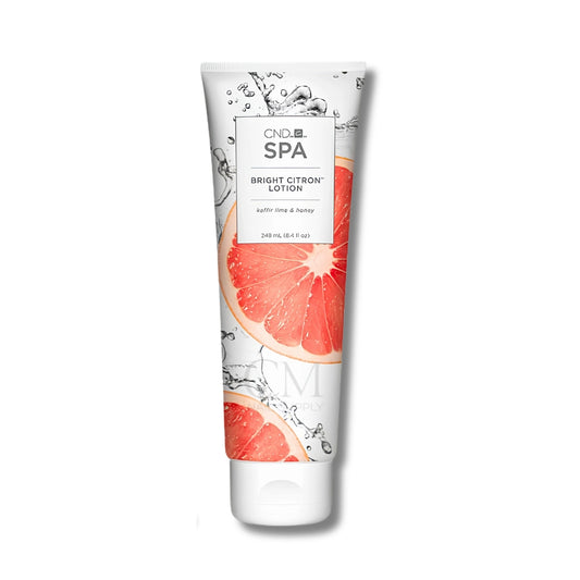 Tube of CND Spa Bright Citron Lotion with grapefruit design on a white background