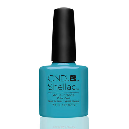 A bottle of CND Shellac Aqua-Intance Color Coat in a vibrant turquoise blue shade, featuring a black cap and white text, set against a plain white background with a subtle reflection below.