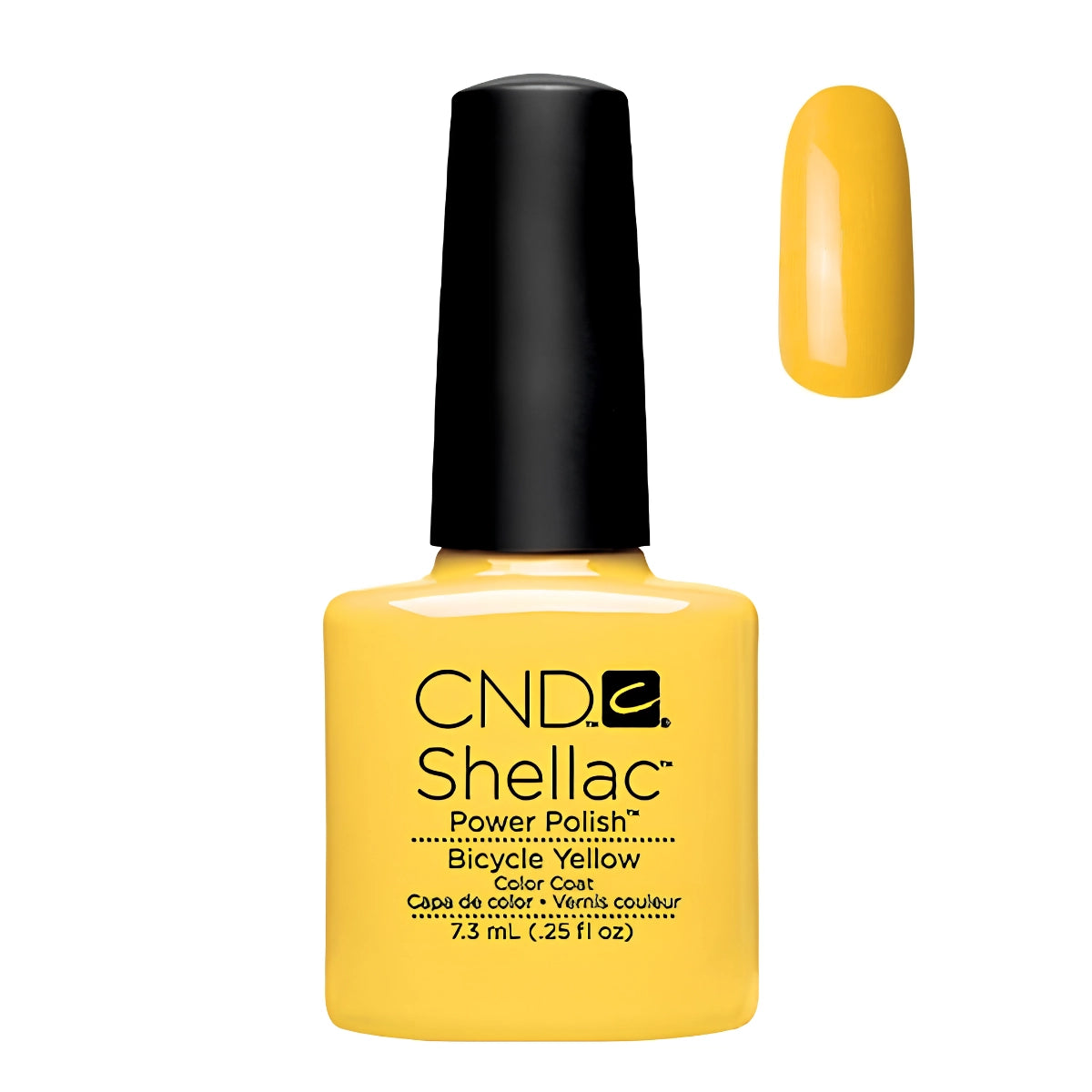CND Shellac Bicycle Yellow gel polish in a square yellow bottle with a black cap, shown next to a yellow nail tip swatch on a white background.