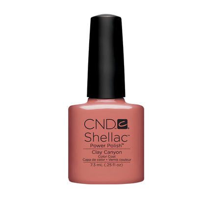 CND Shellac Power Polish in Clay Canyon Color Coat, 7.3 mL bottle, featuring a dusty terracotta pink shade with a black cap on a white background.