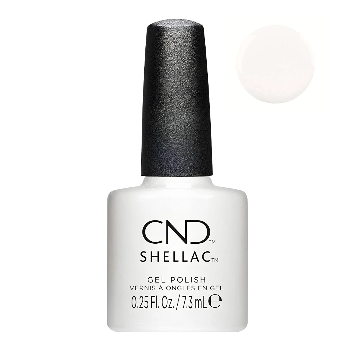 CND Shellac Cream Puff Canada gel nail polish in a white bottle with a black cap, shown on a white background with a circular color swatch in the upper right.