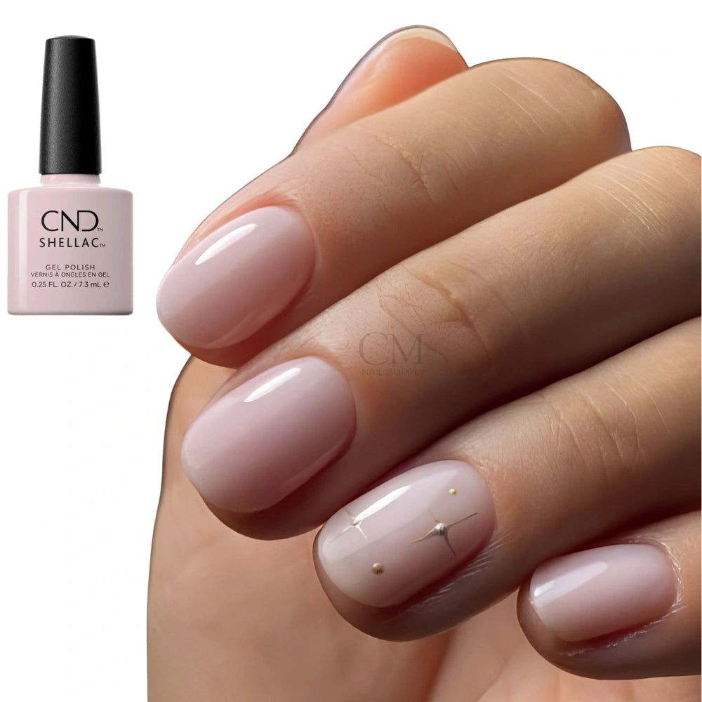 CND Shellac backyard nuptials gel polish bottle shown next to a close-up of a hand with glossy nude pink nails, on a white background.