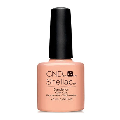 A bottle of CND Shellac Dandelion Color Coat nail polish in a peachy pink shade with a black cap, shown on a plain white background.