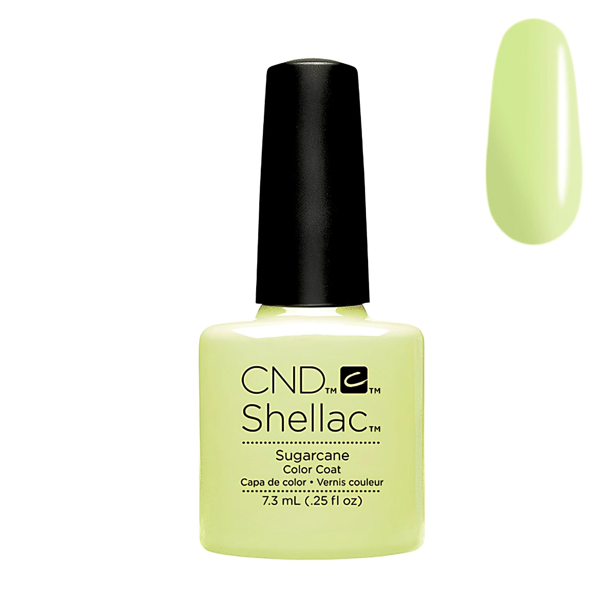 CND Shellac Sugarcane Color Coat gel nail polish bottle in a pale yellow-green shade, shown with a matching nail color swatch on a white background.