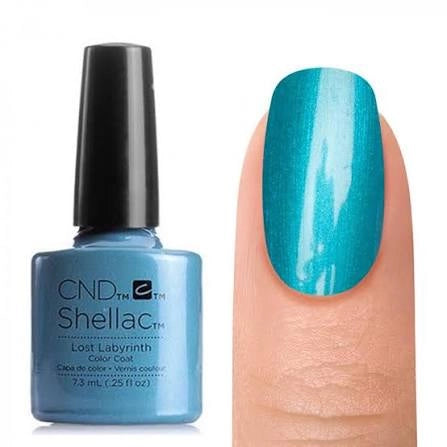 CND Shellac Lost Labyrinth color coat nail polish bottle shown next to a close-up of a fingernail painted in the glossy teal-blue polish.