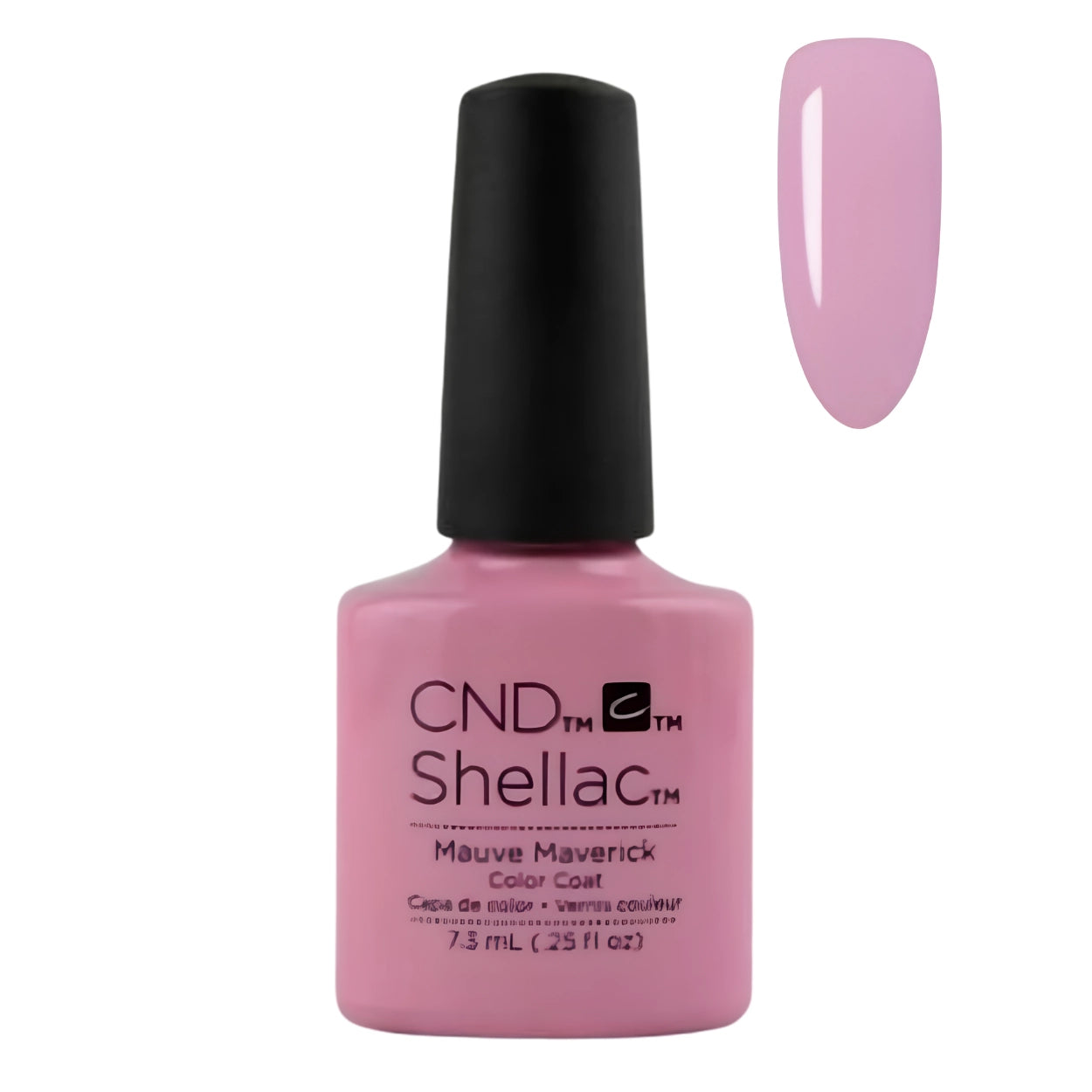 CND Shellac Mauve Maverick color coat nail polish bottle in pink with a black cap, shown next to a matching pink nail swatch on a white background.