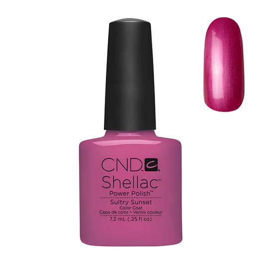 CND Shellac Sultry Sunset gel polish bottle with manicured nail swatch showing purple pink nail polish colour sold in canada