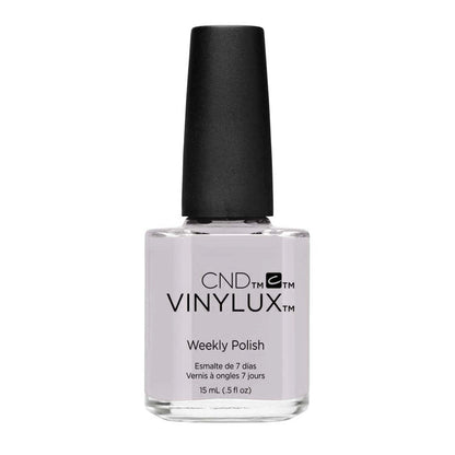 A bottle of CND Vinylux #184 Thistle Thicket nail lacquer in a pale lavender shade, featuring a black cap and clear glass bottle on a white background.