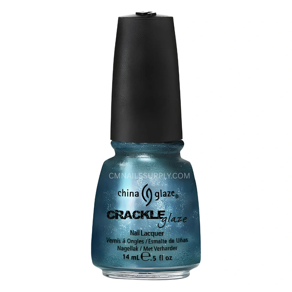A bottle of China Glaze Crackle Nail Polish #1047 Oxidized Aqua nail lacquer in a shimmering teal-blue shade, featuring a black cap and white text on the bottle, set against a plain white background.