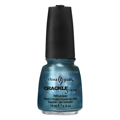 A bottle of China Glaze Crackle Nail Polish #1047 Oxidized Aqua nail lacquer in a shimmering teal-blue shade, featuring a black cap and white text on the bottle, set against a plain white background.