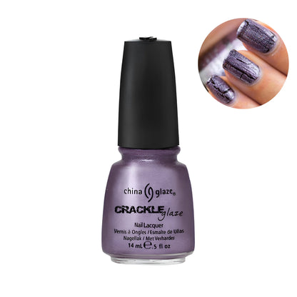 A bottle of China Glaze Crackle Glaze nail lacquer in the shade Latticed Lilac, featuring a shimmering metallic purple color. An oval inset in the top right shows the nail polish applied to three fingernails.