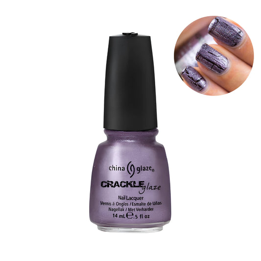 A bottle of China Glaze Crackle Glaze nail lacquer in the shade Latticed Lilac, featuring a shimmering metallic purple color. An oval inset in the top right shows the nail polish applied to three fingernails.