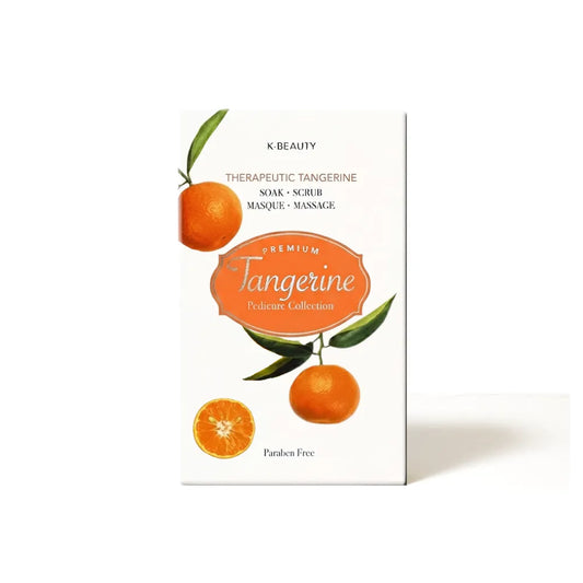 K. Beauty Tangerine product packaging with tangerines and leaves on a white background