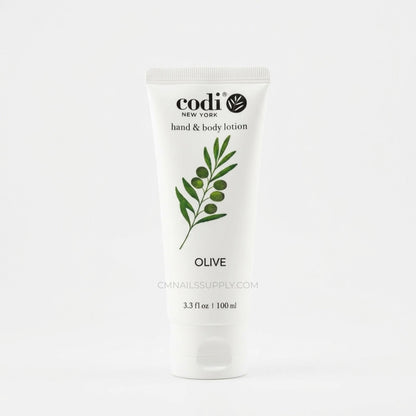 Codi olive hand and body lotion on a white background