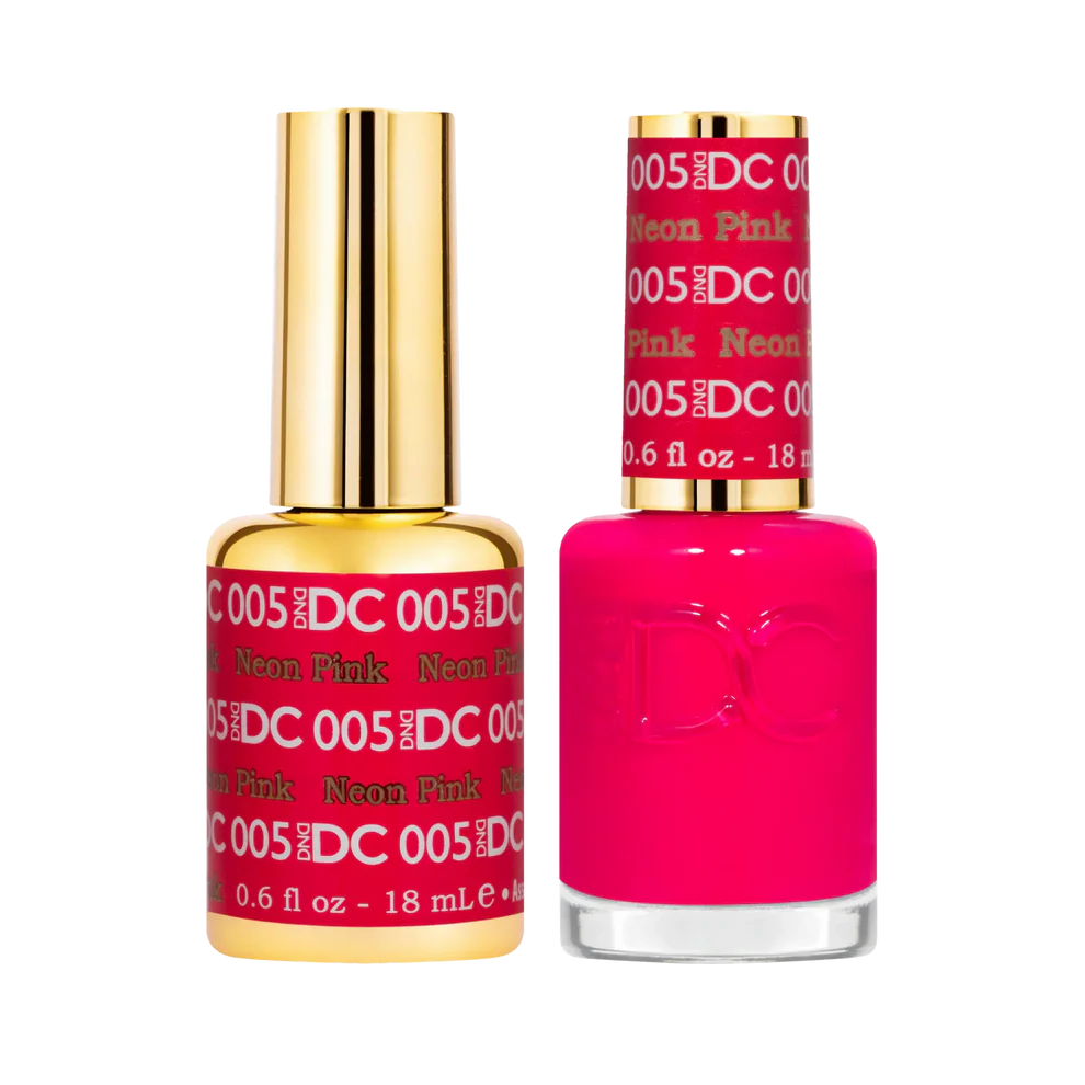 Two bottles of DC Neon Pink nail polish with gold caps on a white background