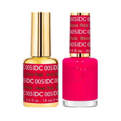 Two bottles of DC Neon Pink nail polish with gold caps on a white background