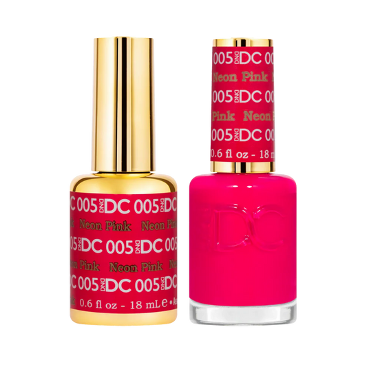 Two bottles of DC Neon Pink nail polish with gold caps on a white background