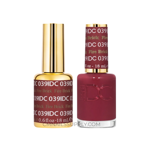 Two bottles of DC Fire Brick #039 - Gel Polish & Lacquer Duo in fire brick color on a white background